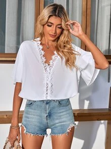 Áo sơ mi nữ Tương phản ren màu trơn Boho - trắng - Xem 5