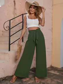 Quần nữ Thắt nơ trước màu trơn Boho - xanh quân đội - Xem 1