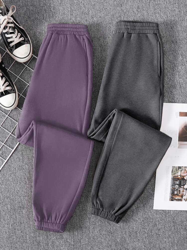 2pcs Solid Elastic Waist Thermal Sweatpants Graduation,Back To School Outfits,Graduation,Teacher Outfits For Women,Back To School Fall Cloth For Women