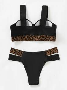 斑馬紋切割推上型比基尼 - 黑色 - 查看 4