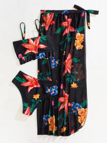 Tropical Print Knot Ruffle Hem Bikini Set With Beach Skirt, For Summer Vacation - Multicolor - View 2