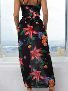 Tropical Print Knot Ruffle Hem Bikini Set With Beach Skirt, For Summer Vacation - Multicolor - View 3