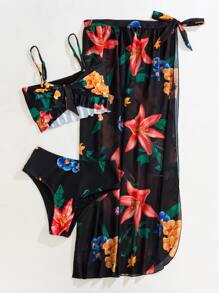 Tropical Print Knot Ruffle Hem Bikini Set With Beach Skirt, For Summer Vacation - Multicolor - View 4