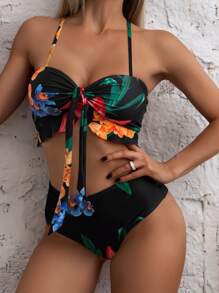 Tropical Print Knot Ruffle Hem Bikini Set With Beach Skirt, For Summer Vacation - Multicolor - View 5