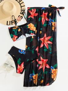 Tropical Print Knot Ruffle Hem Bikini Set With Beach Skirt, For Summer Vacation - Multicolor - View 6