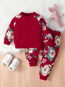 Bebé Pantalones deportivos con sudadera en contraste floral de manga raglán - Burdeos - Ver 1