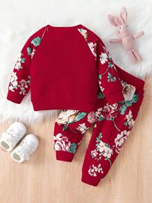 Bebé Pantalones deportivos con sudadera en contraste floral de manga raglán - Burdeos - Ver 2