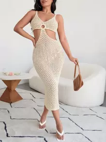 SHEIN O形環細節腰部鏤空毛衣裙 - 杏色 - 查看 1