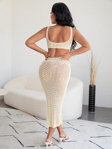 SHEIN O形環細節腰部鏤空毛衣裙 - 杏色 - 查看 2