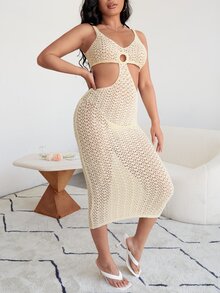 SHEIN O形環細節腰部鏤空毛衣裙 - 杏色 - 查看 4