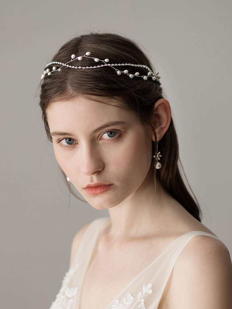 Adorno nupcial bohemio para la cabeza con perlas y pedrería - Plateado - Ver 1