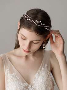 Adorno nupcial bohemio para la cabeza con perlas y pedrería - Plateado - Ver 2