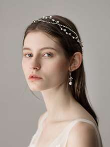 Adorno nupcial bohemio para la cabeza con perlas y pedrería - Plateado - Ver 3