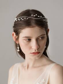 Adorno nupcial bohemio para la cabeza con perlas y pedrería - Plateado - Ver 4