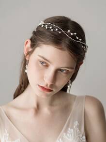 Adorno nupcial bohemio para la cabeza con perlas y pedrería - Plateado - Ver 5