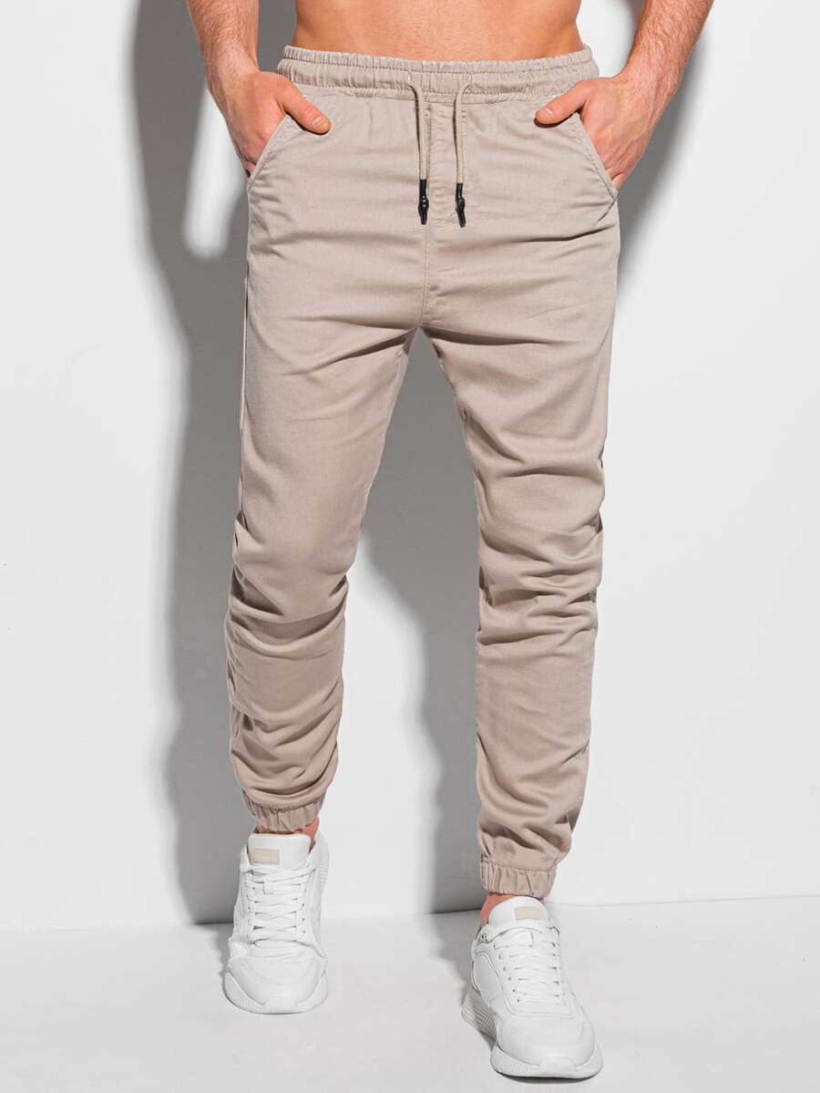 Manfinity Homme Hombres Pantalones de cintura con cordón con bolsillo oblicuo - Caqui - Ver 1