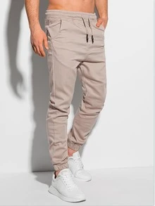 Manfinity Homme Hombres Pantalones de cintura con cordón con bolsillo oblicuo - Caqui - Ver 3