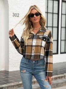 SHEIN LUNE Flap Detail Drop Shoulder Buffalo Plaid Jacket - Multicolor - View 4