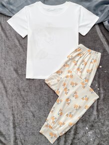 Corgi Cartoon Print Top & Trousers PJ Set - Multicolor - View 2