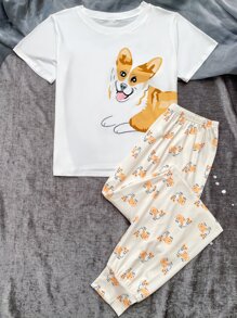Corgi Cartoon Print Top & Trousers PJ Set - Multicolor - View 3