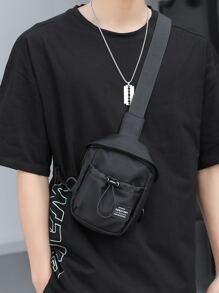Men Letter Detail Drawstring Bum Bag - Black - View 1