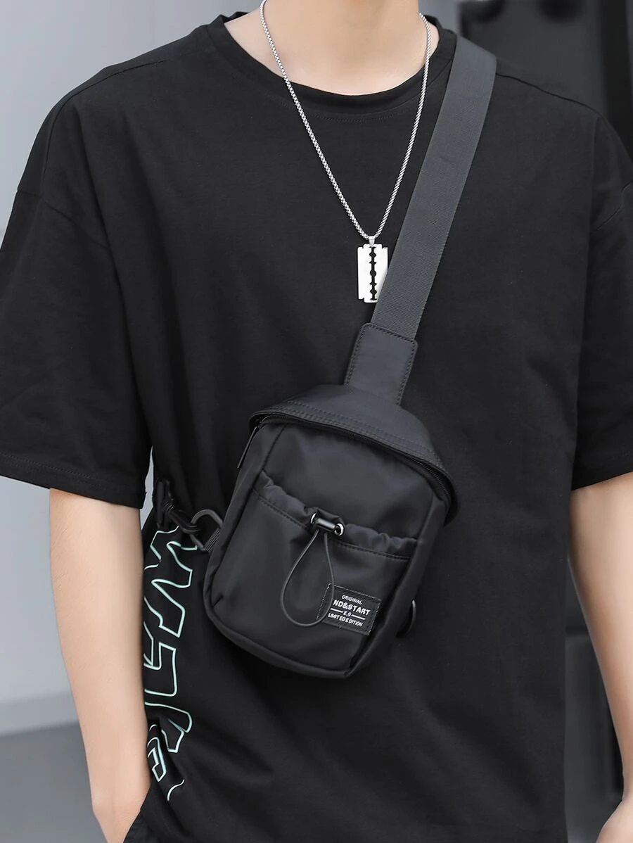Men Letter Detail Drawstring Bum Bag - Black - View 1
