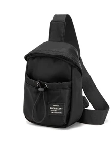 Men Letter Detail Drawstring Bum Bag - Black - View 2