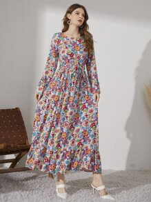 Seusyu 满身花卉印花束带简约长袖连衣裙 - 彩色 - 查看 5