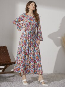 Seusyu 满身花卉印花束带简约长袖连衣裙 - 彩色 - 查看 6