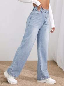 SHEIN Essnce High Waist Wide Leg Jeans - Light Wash - View 3