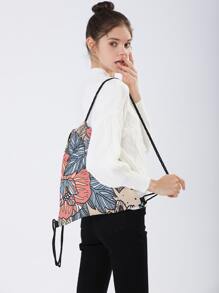 Allover Leaf Graphic Drawstring Backpack, Lightweight & Durable Small Backpack, Mini Backpack For Back To School & Travel - Multicolor - View 2