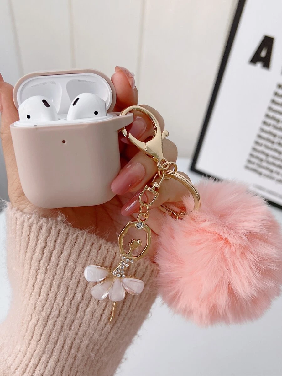 Fluffy Pom-Pom Decor Airpods Case - Dusty Pink - View 1