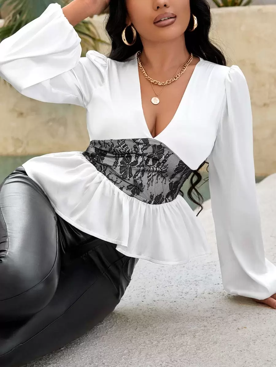 SHEIN SXY 蕾絲花邊深V領燈籠袖荷葉邊下擺緞面襯衫 - 白色 - 查看 1