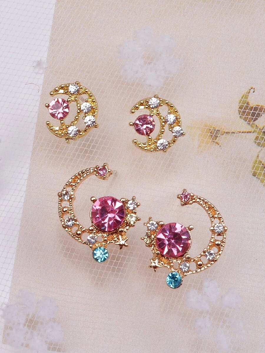 2 cặp Bông tai đính đá Rhinestone Moon Decor - Nhiều màu - Xem 1