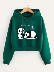 SHEIN EZwear Panda & Letter Graphic Drop Shoulder Drawstring Thermal Lined Hoodie Pullover Fall Outfit - Dark Green - View 1