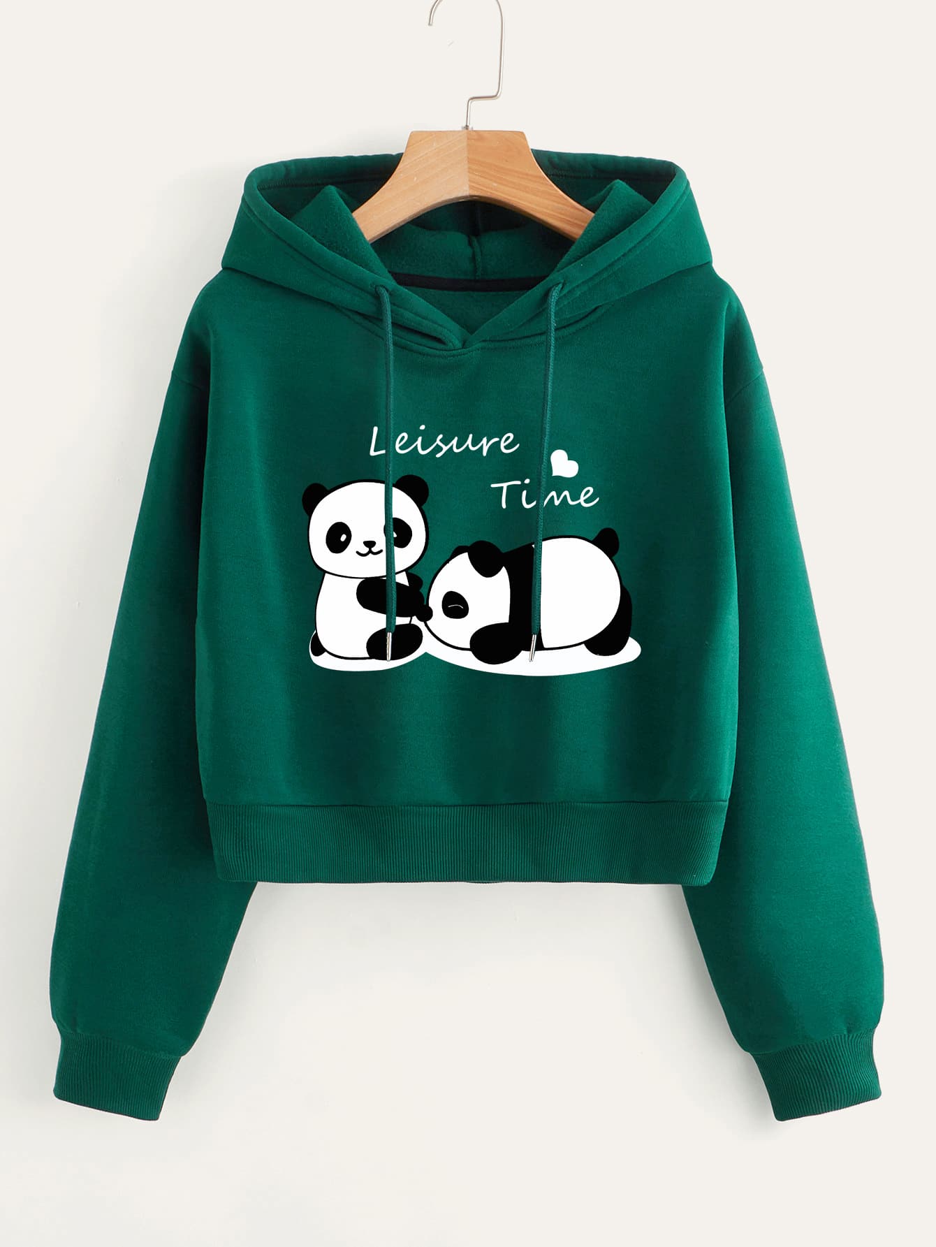 SHEIN EZwear Panda & Letter Graphic Drop Shoulder Drawstring Thermal Lined Hoodie Pullover Fall Outfit - Dark Green - View 1