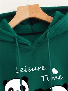 SHEIN EZwear Panda & Letter Graphic Drop Shoulder Drawstring Thermal Lined Hoodie Pullover Fall Outfit - Dark Green - View 3