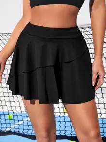 Gameset SHEIN Sport Falda deportiva de cintura alta con volantes, suave y transpirable, falda-pantalón para tenis - Negro - Ver 5