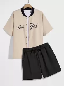Manfinity Men Letter Graphic Baseball Collar Shirt & Drawstring Shorts Without Tee - Multicolor - View 1