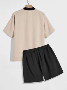 Manfinity Men Letter Graphic Baseball Collar Shirt & Drawstring Shorts Without Tee - Multicolor - View 2