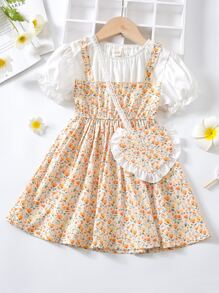 小女童碎花泡泡袖洋裝和包