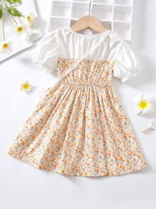 小女童碎花泡泡袖洋裝和包