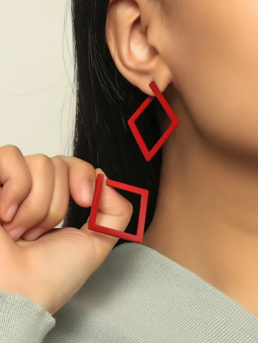 时尚简约几何方形耳环，适合女性日常佩戴 - 紅色 - 查看 1