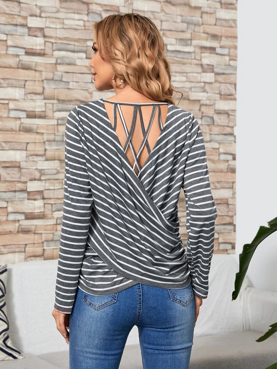 SHEIN Camiseta de rayas cruzado trasero con tira cruzada - Multicolor - View 1