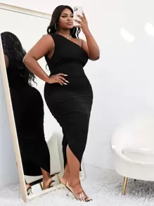 Slaydiva Plus One Shoulder Ruched Asymmetrical Bodycon Dress - Black - View 1