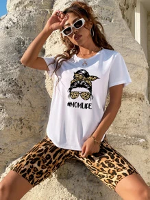 SHEIN LUNE 人物和字母圖案T恤帶豹紋騎行褲 - 彩色 - 查看 3
