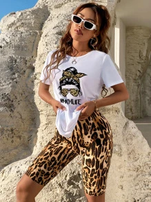 SHEIN LUNE 人物和字母圖案T恤帶豹紋騎行褲 - 彩色 - 查看 4
