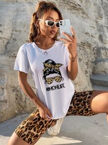 SHEIN LUNE 人物和字母圖案T恤帶豹紋騎行褲 - 彩色 - 查看 1