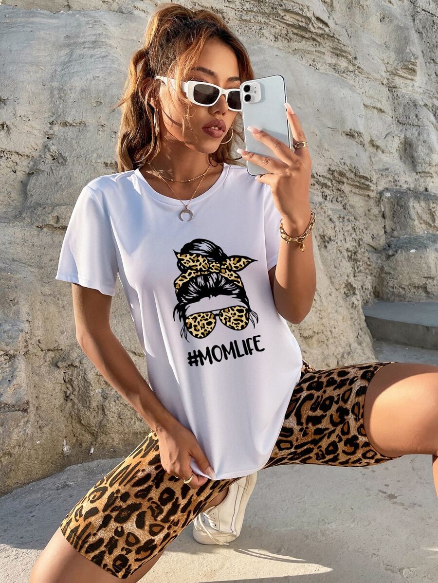 SHEIN LUNE 人物和字母圖案T恤帶豹紋騎行褲 - 彩色 - 查看 1