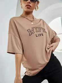 SHEIN Unity Camiseta de hombros caídos con estampado de letra - Caqui - Ver 1